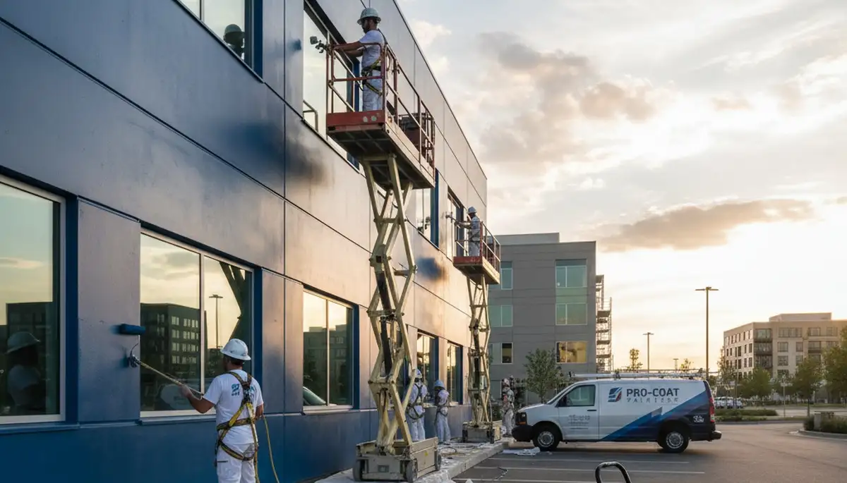 Professional commercial painters working on business exterior in Long Beach, CA