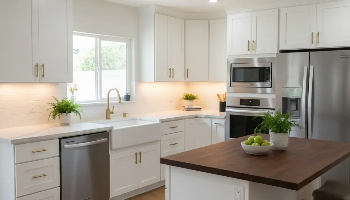 Refinished kitchen cabinets with smooth modern finish by house painters in Long Beach, CA