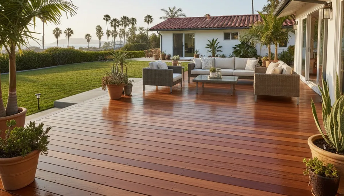 Finished deck staining in Long Beach CA showing rich wood color and durable weatherproof finish