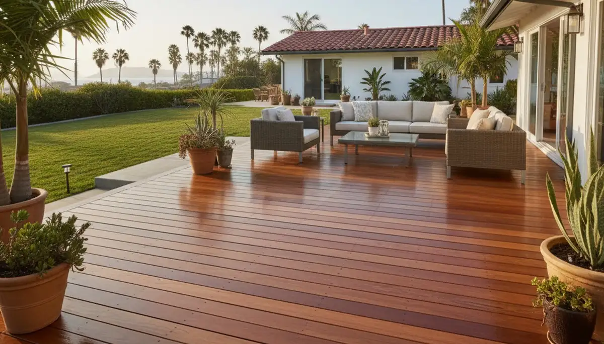 Finished deck staining in Long Beach CA showing rich wood color and durable weatherproof finish
