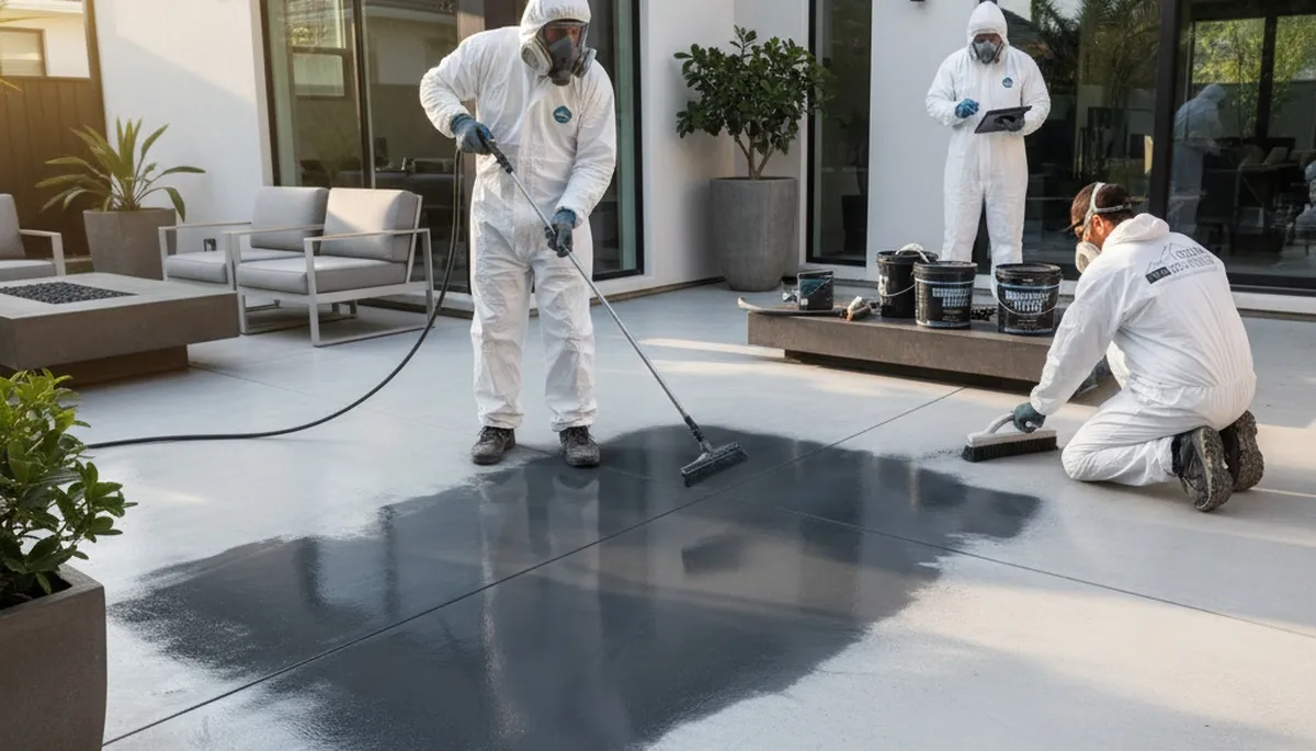 Professional concrete staining on residential patio in Long Beach, CA by expert house painters