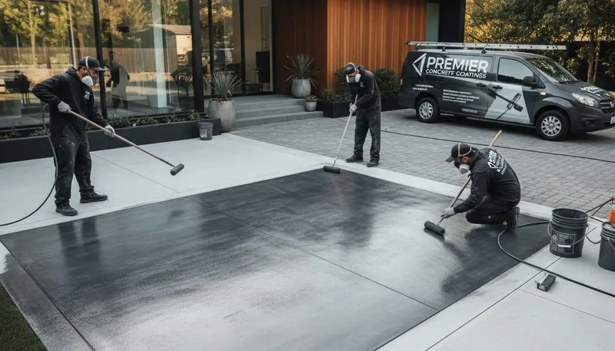 Professional concrete staining on residential driveway in Long Beach, CA for lasting color and durability