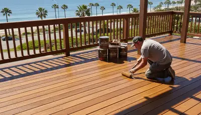 Professional deck staining with UV protection on coastal wood deck in Long Beach, CA