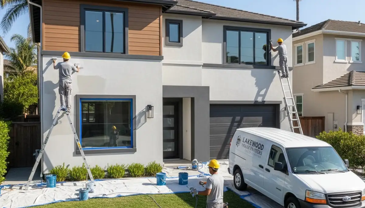 Professional house painters in Long Beach CA applying exterior paint to a coastal home