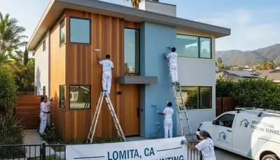 Professional house painters in Long Beach CA applying exterior paint to a coastal home