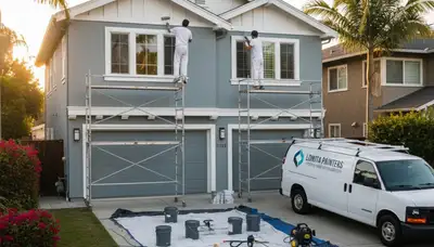 Professional house painters working on exterior home in Long Beach CA