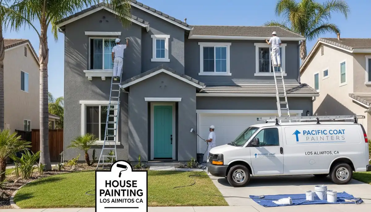 Professional house painters working on exterior home in Long Beach, CA