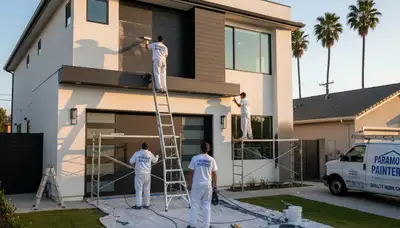 Professional house painters in Long Beach CA applying fresh exterior paint to a coastal home