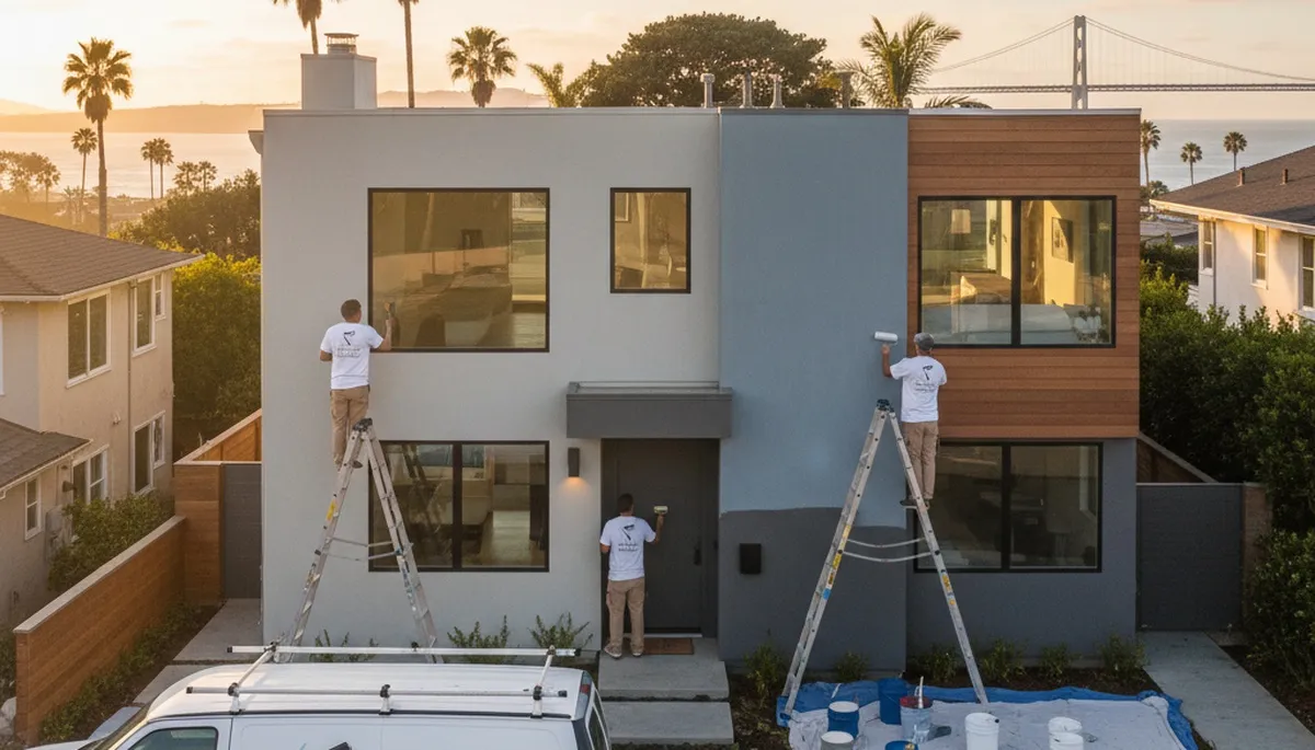 Professional house painters working on a coastal home exterior in Long Beach, CA
