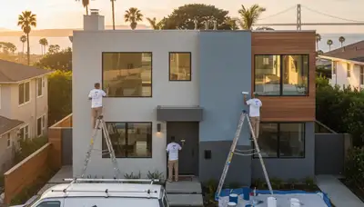 Professional house painters working on a coastal home exterior in Long Beach, CA