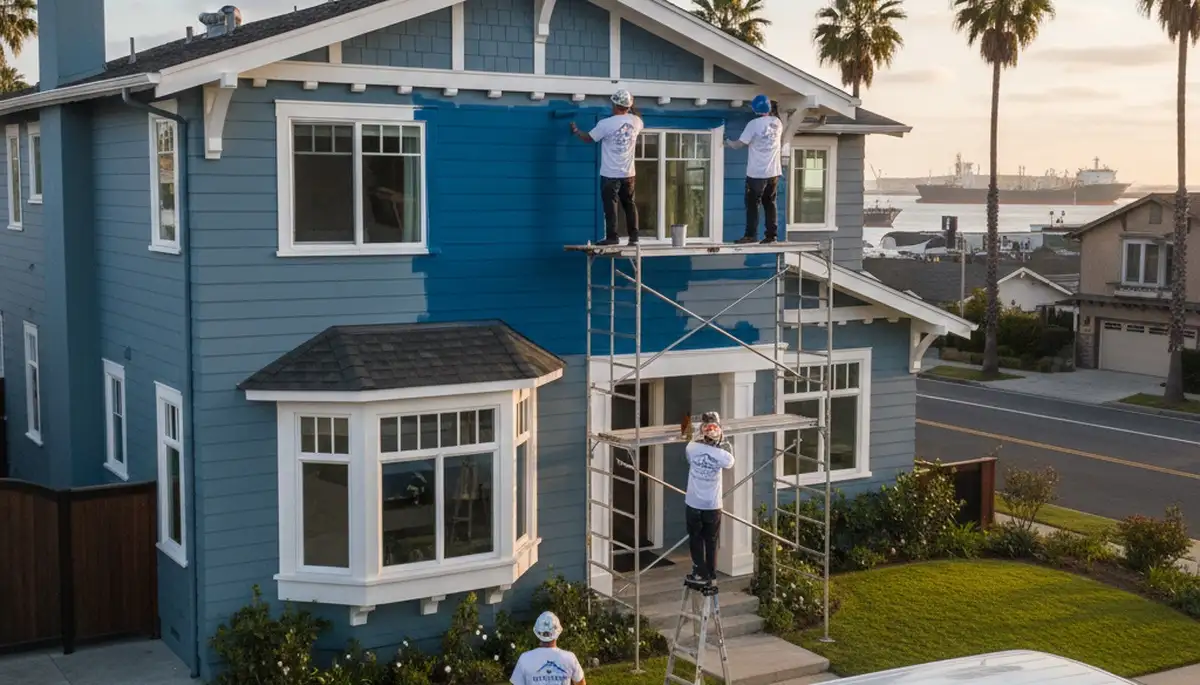 Professional house painters working on exterior home repaint in Long Beach, CA