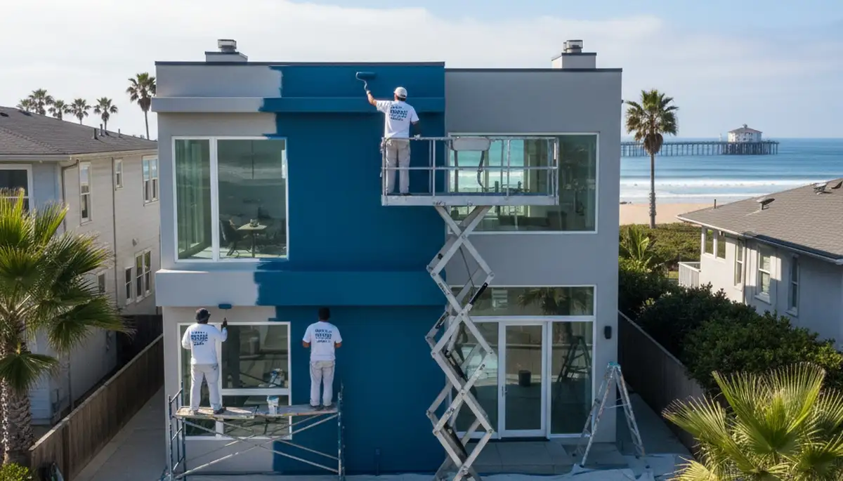 Professional house painters working on residential exterior in Long Beach, CA