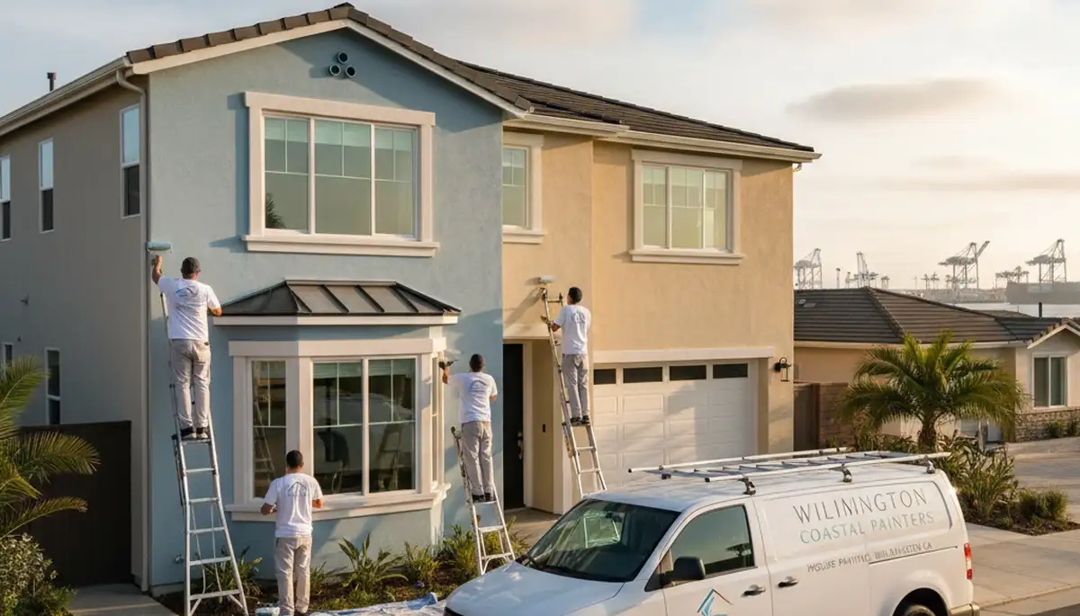 Professional house painters working on exterior home painting in Long Beach, CA