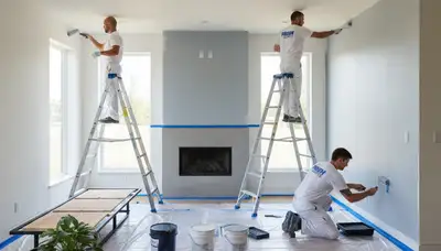 Professional interior house painters updating living room walls in Long Beach, CA
