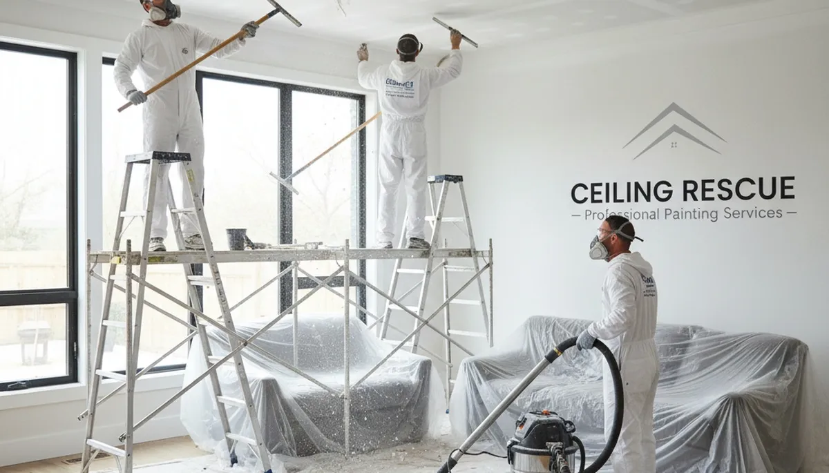 Technician removing popcorn ceiling in Long Beach, CA home for smooth modern ceiling finish