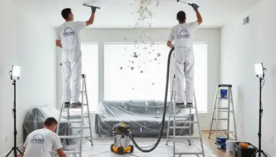 Technician removing popcorn ceiling in Long Beach CA home for smooth modern finish