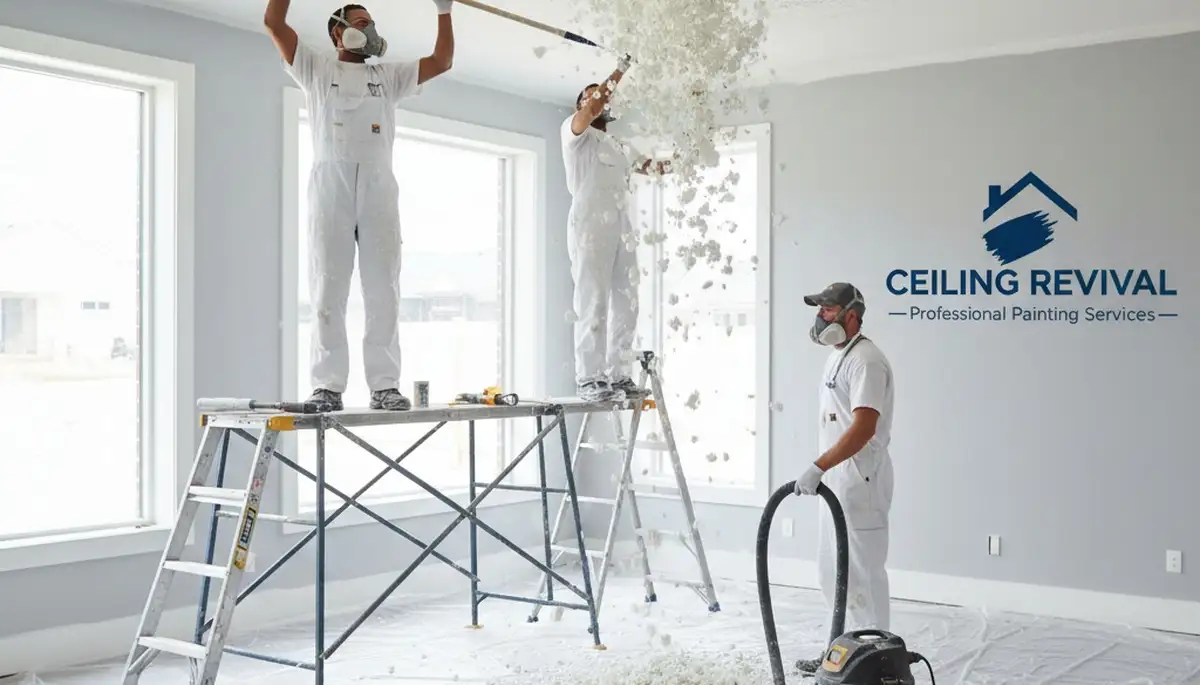 Technician removing popcorn ceiling in Long Beach CA home for smooth modern finish