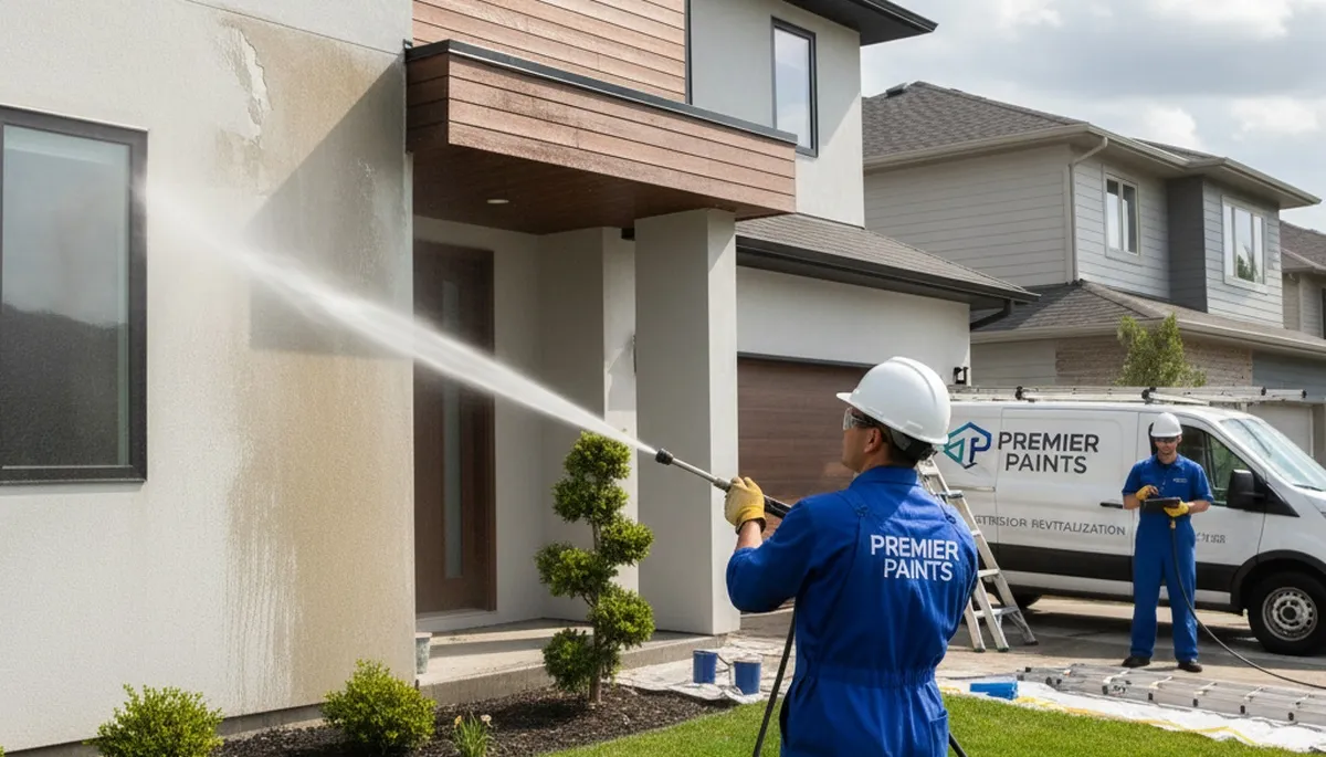 Professional pressure cleaning a Long Beach CA home exterior, restoring siding and driveway surfaces