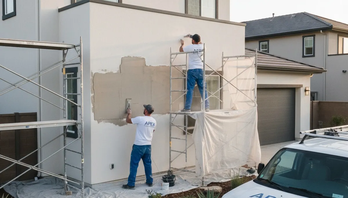Professional stucco repair and exterior painting on a coastal home in Long Beach, CA