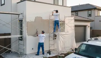 Professional stucco repair and exterior painting on a coastal home in Long Beach, CA