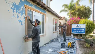 Painter sanding exterior wall for smooth finish before painting in Long Beach, CA home exterior prep