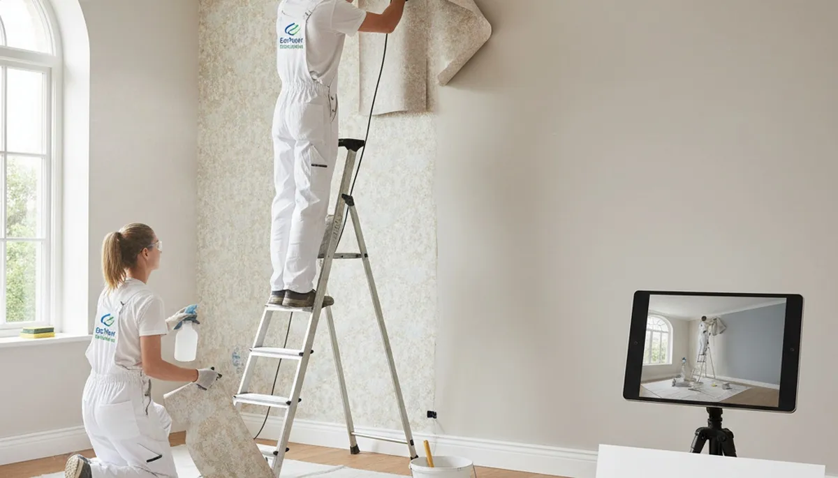 Professional wallpaper removal and wall preparation in Long Beach, CA before interior painting