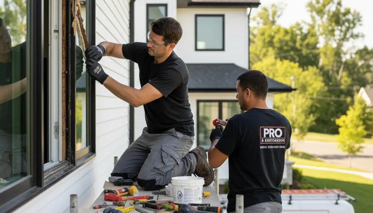 Technician repairing wood rot on exterior trim of coastal home in Long Beach, CA